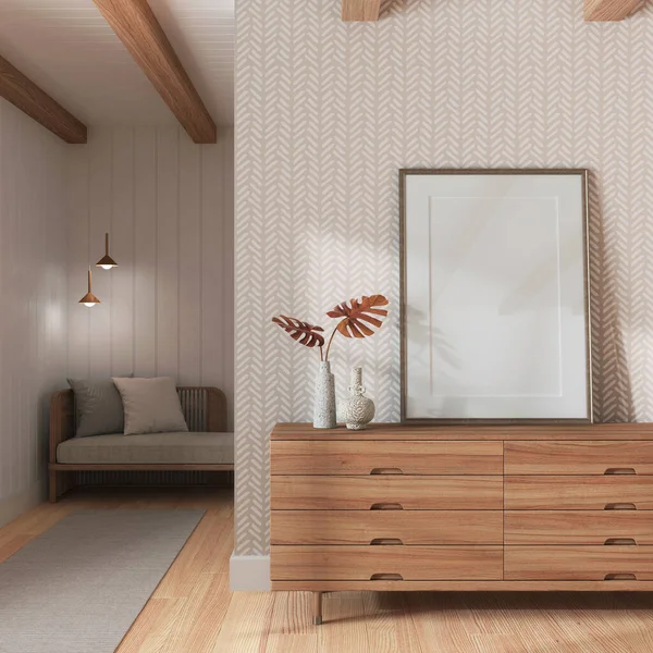 Japandi Wohnzimmer Weiß Und Beigetönen Holzkommode Mit Rahmen Attrappe Parkett — Stockfoto
