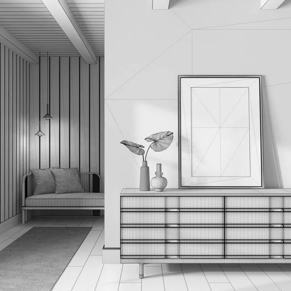 未完成の青写真プロジェクトの草案 Japandiリビングルーム フレームモックアップ付き引き出しの木製の胸 寄木細工の床 モダンなインテリアデザイン — ストック写真