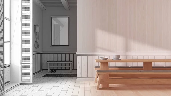 Architect interior designer concept: hand-drawn draft unfinished project that becomes real, japandi dining room with wooden minimalist table. Wall mockup. Minimalist style