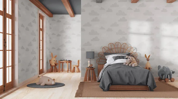 Gri Bej Renkli Yatak Odası Duvar Maketi Olan Tek Kişilik — Stok fotoğraf