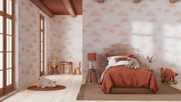 어린이들의 침실은 주황색 베이지 흉내를 인테리어 디자인 — 스톡 사진