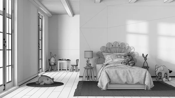 Projet Projet Inachevé Brouillon Ferme Chambre Enfants Lit Simple Avec — Photo