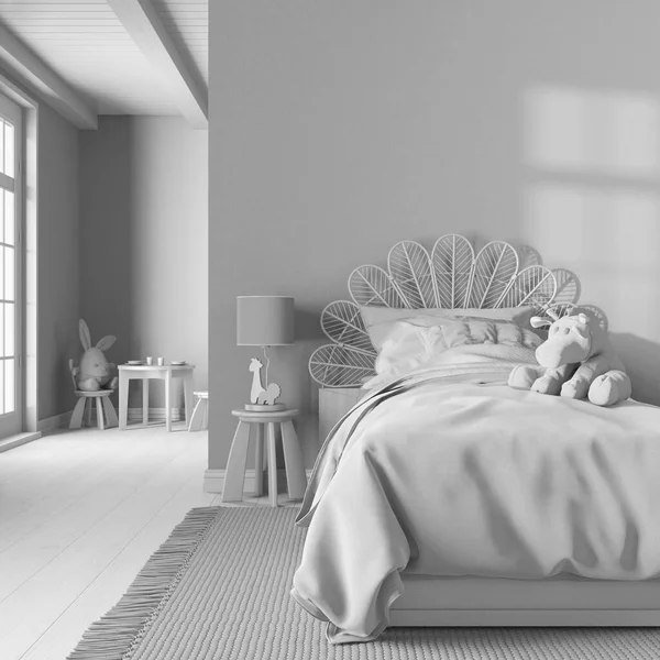 Σύνολο Λευκό Σχέδιο Αγροικία Παιδικό Υπνοδωμάτιο Μονό Κρεβάτι Επίτοιχο Σχέδιο — Φωτογραφία Αρχείου