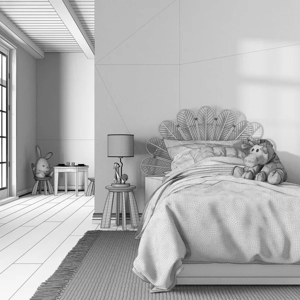 蓝图未完成的项目草稿 农舍儿童房 有墙壁模型的单人床 宴会厅 Boho室内设计 — 图库照片