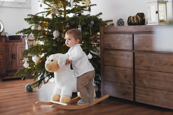 男の子は家でクリスマスツリーの近くの羊に乗る — ストック写真