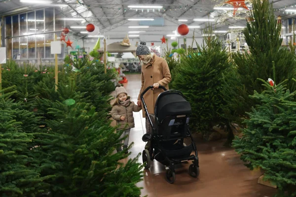 Moeder Dochter Kiezen Een Kerstboom Markt — Stockfoto