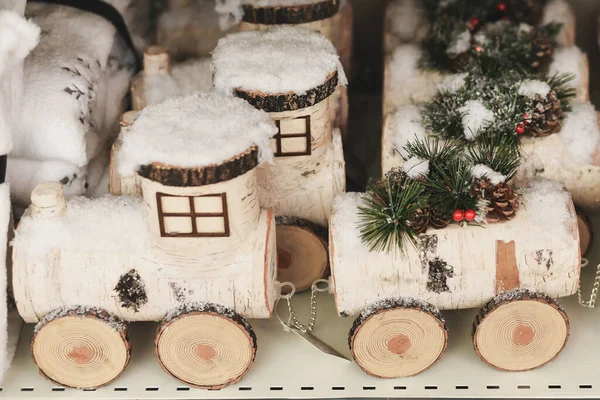 Drewniany Pociąg Brzozowy Dla Dzieci Boże Narodzenie — Zdjęcie stockowe