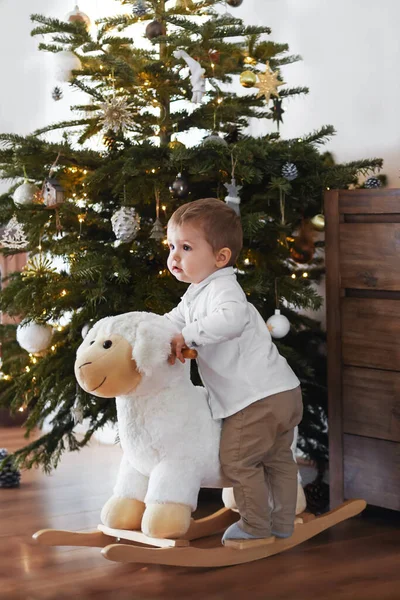 男の子は家でクリスマスツリーの近くの羊に乗る — ストック写真
