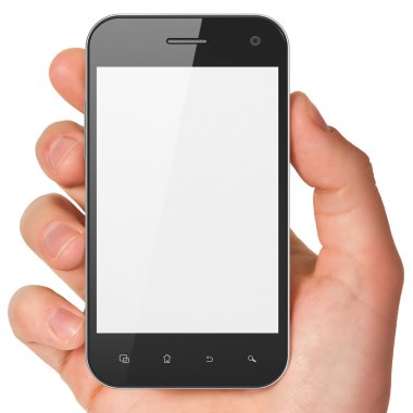 Hand holding smartphone on white background. Generic mobile smar