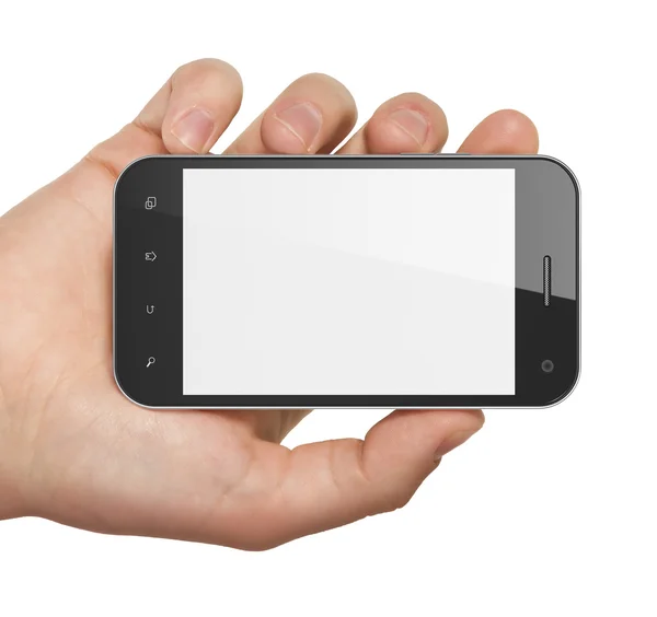 Mão segurando smartphone no fundo branco. smar móvel genérico — Fotografia de Stock