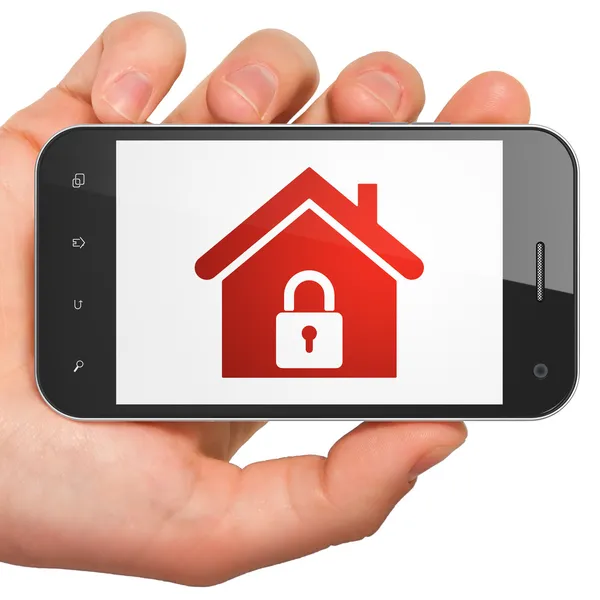 Hand holding smartphone with home on display. Generic mobile sma — Stock Photo, Image