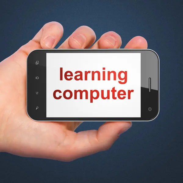 Hand holding smartphone with word learning computer on display. — Stock Photo, Image