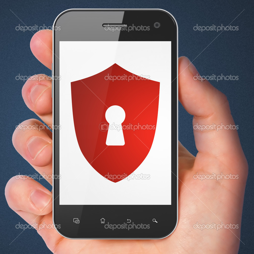 Hand holding smartphone with shield with keyhole