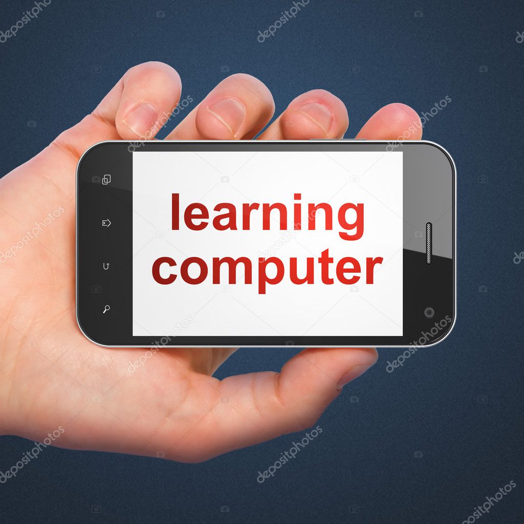 Hand holding smartphone with word learning computer on display.