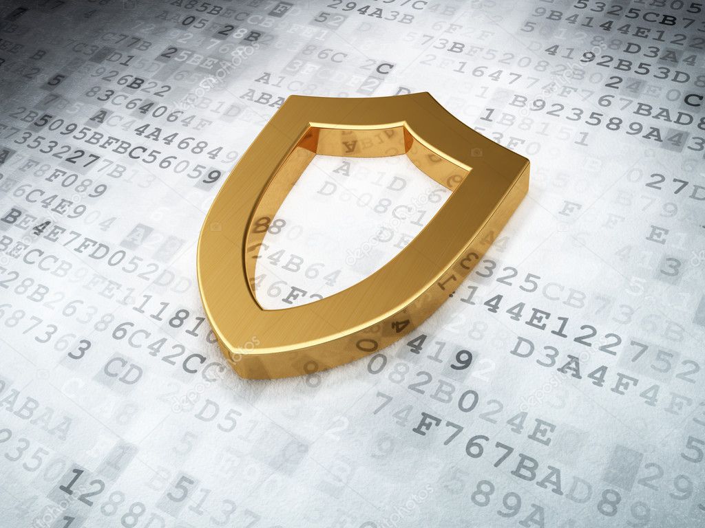 Golden contoured shield on digital background