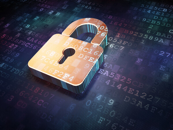 Security concept: Golden closed padlock on digital background