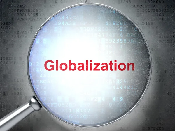 Ampliação de vidro óptico com palavras Globalização em bac digital — Fotografia de Stock