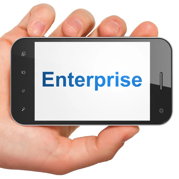 Smartphone de mano con la palabra Enterprise en pantalla. Genérico —  Fotos de Stock