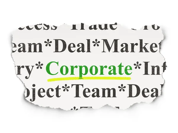 Torn newspaper with words Corporate on background — Stock Photo, Image