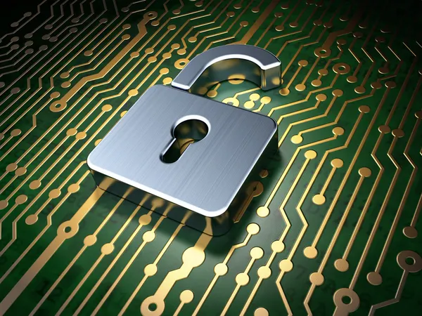 Privacy concept: circuit board with Opened Padlock icon — Stock Photo, Image
