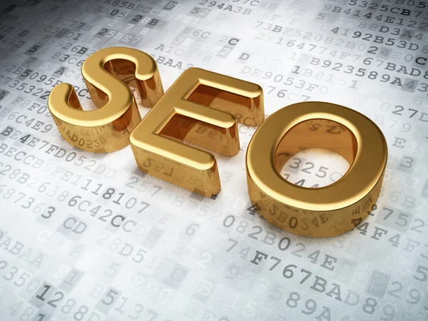 SEO conceito de desenvolvimento web: SEO dourado em fundo digital — Fotografia de Stock