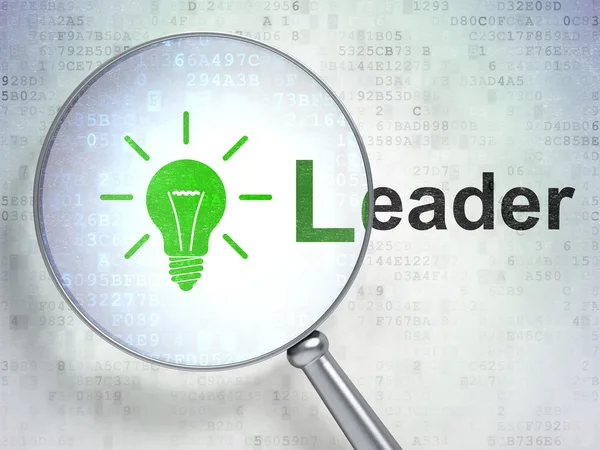 Finance concept: optical glass with Light Bulb icon and "Leader" — Stock Photo, Image