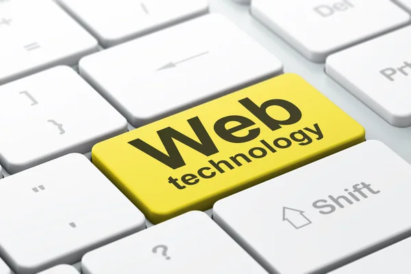 Seo web development concept: Webtechnologie auf der Computertastatur — Stockfoto