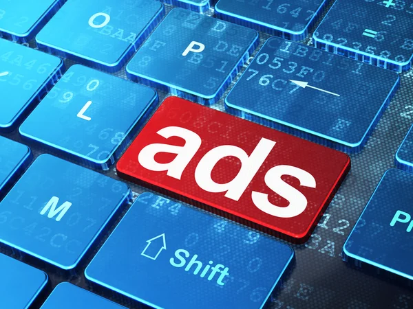 Conceito de publicidade: Anúncios no fundo do teclado do computador — Fotografia de Stock