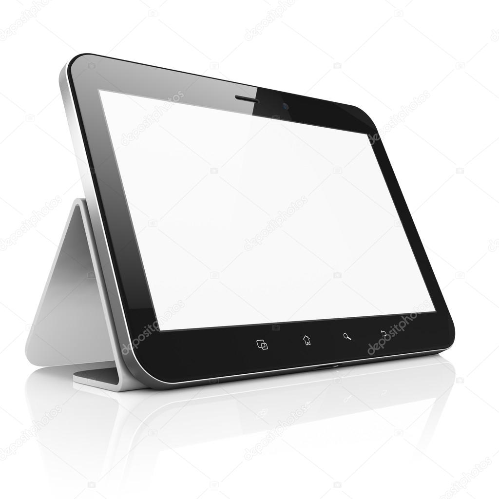 Black abstract tablet computer (tablet pc) with stand on white b