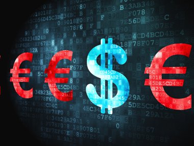 Para birimi kavramı: dijital arka plan üzerinde Doları ve Euro