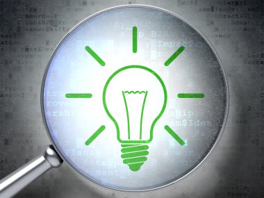 Ekonomi kavramı: ampul ile dijital backg üzerinde optik cam