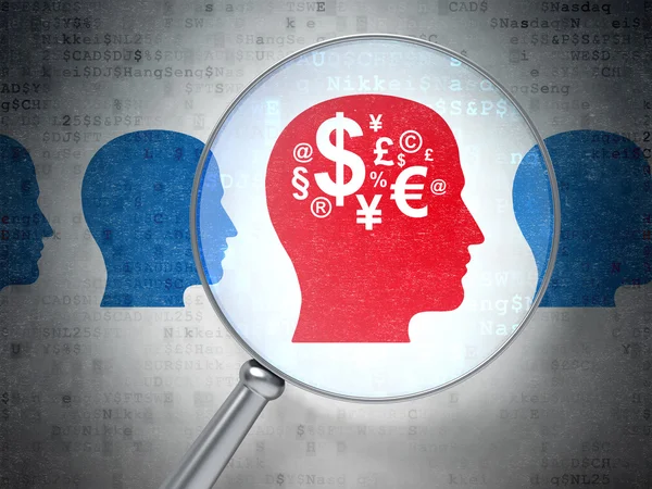 Finanzierungskonzept: Kopf mit Geld mit optischem Glas auf digitalem b — Stockfoto