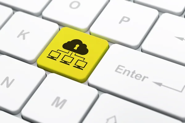 Pojęcie prywatności: chmura sieci na tle klawiatury komputera — Zdjęcie stockowe