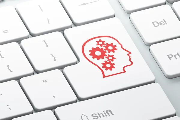 Concepto de datos: Head With Gears en el fondo del teclado del ordenador — Foto de Stock