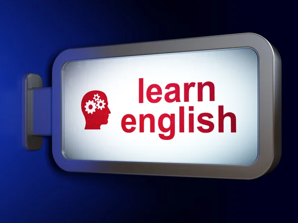 Concepto educativo: Aprender inglés y Head With Gears en billboar —  Fotos de Stock