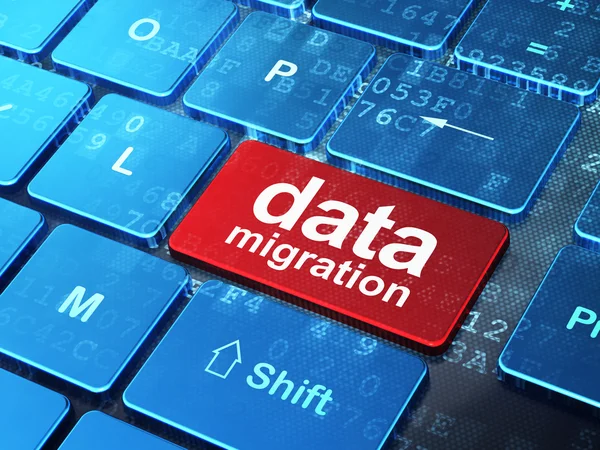 Konsep data: Migrasi data pada latar belakang papan tik komputer — Stok Foto