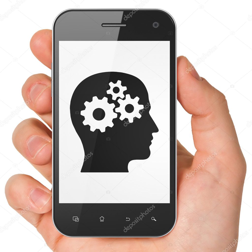 Marketing concept: Head With Gears on smartphone