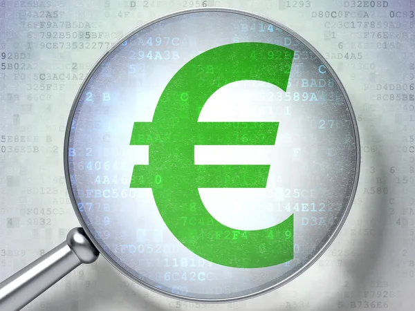 Para birimi kavramı: Euro ile dijital arka plan üzerinde optik cam — Stok fotoğraf
