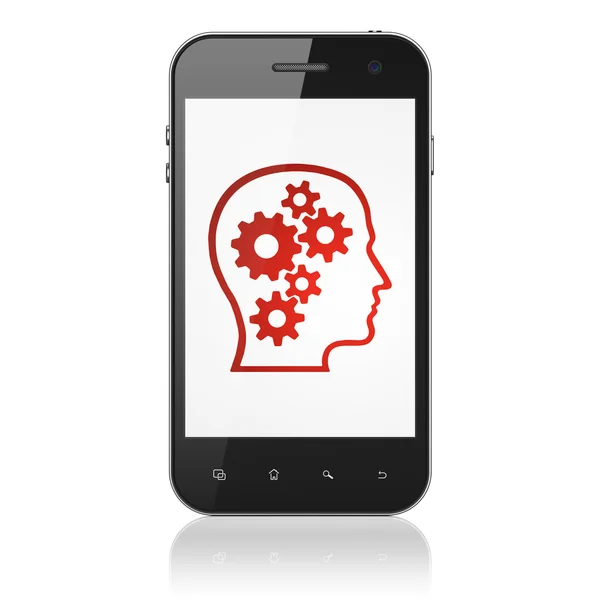 Datenkonzept: Kopf mit Getriebe auf dem Smartphone — Stockfoto