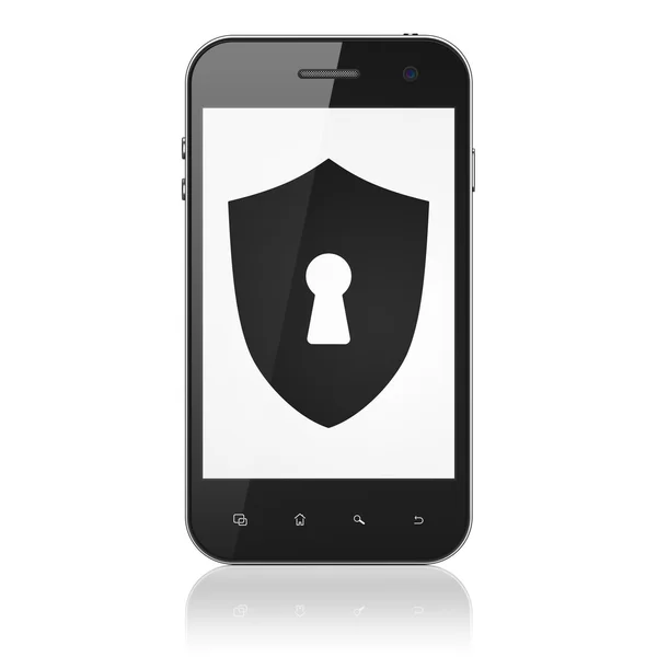 Concetto di protezione: scudo con foro della serratura sullo smartphone — Foto Stock