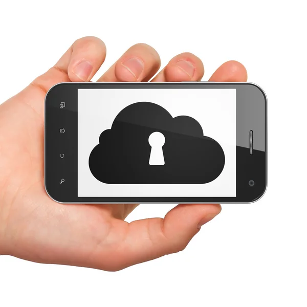 Concetto di rete cloud: Cloud con buco della serratura sullo smartphone — Foto Stock