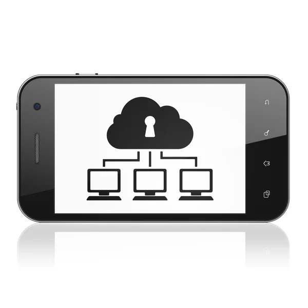 Облачная сетевая концепция: облачная сеть на смартфоне — стоковое фото