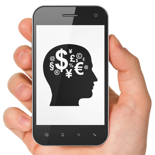 Concepto de finanzas: Head With Finance Symbol en el teléfono inteligente — Foto de Stock