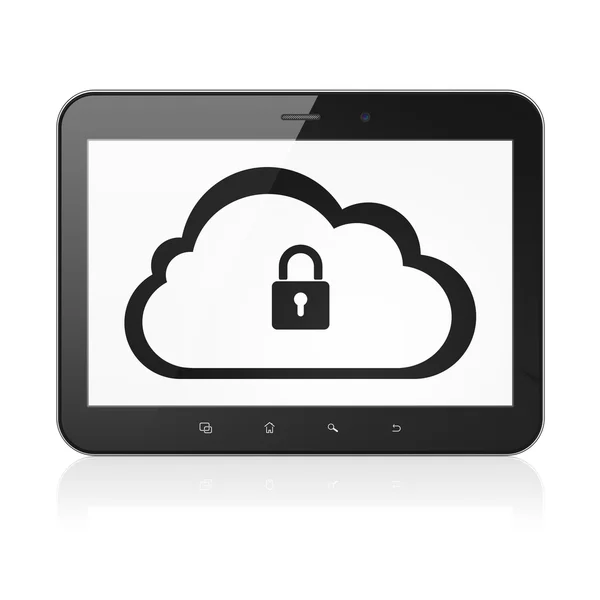 Concepto de red en la nube: Nube con candado en la tableta pc comput — Foto de Stock
