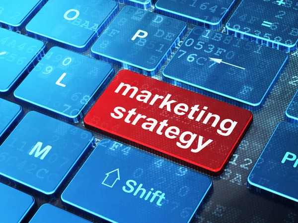 Concepto publicitario: Estrategia de marketing en el ordenador teclado bac — Foto de Stock