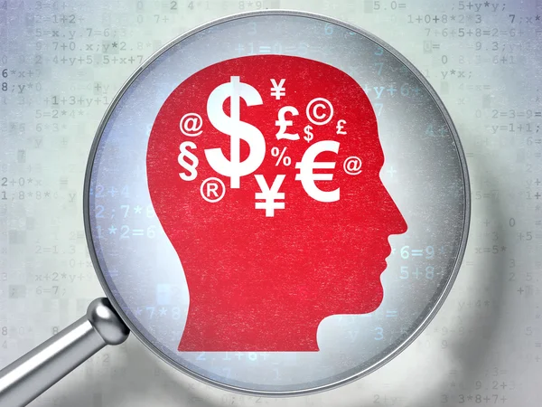 Vzdělávací koncepce: hlava s finanční Symbol s optickým sklem — Stock fotografie