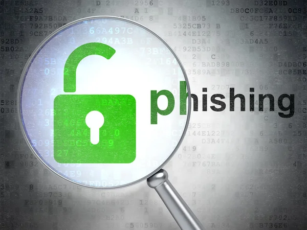 Veiligheidsconcept: hangslot en Phishing geopend met optisch glas — Stockfoto