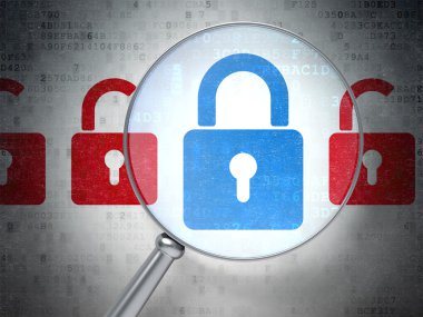 Gizlilik kavramı: kilitler ile dijital arka plan üzerinde optik cam