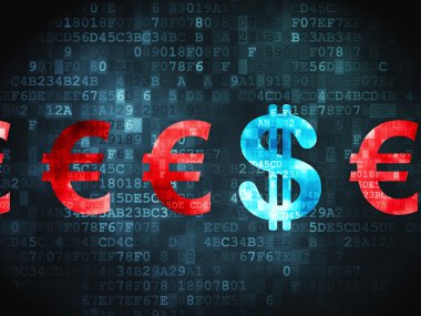 Para birimi kavramı: dijital arka plan üzerinde Doları ve Euro