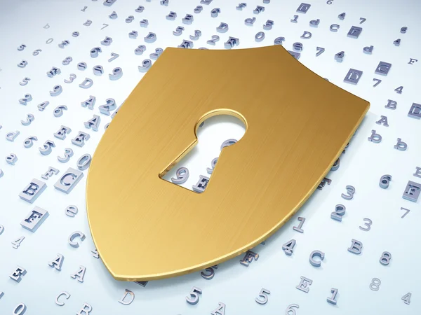 安全コンセプト: デジタル背景に鍵穴と黄金の盾 — ストック写真
